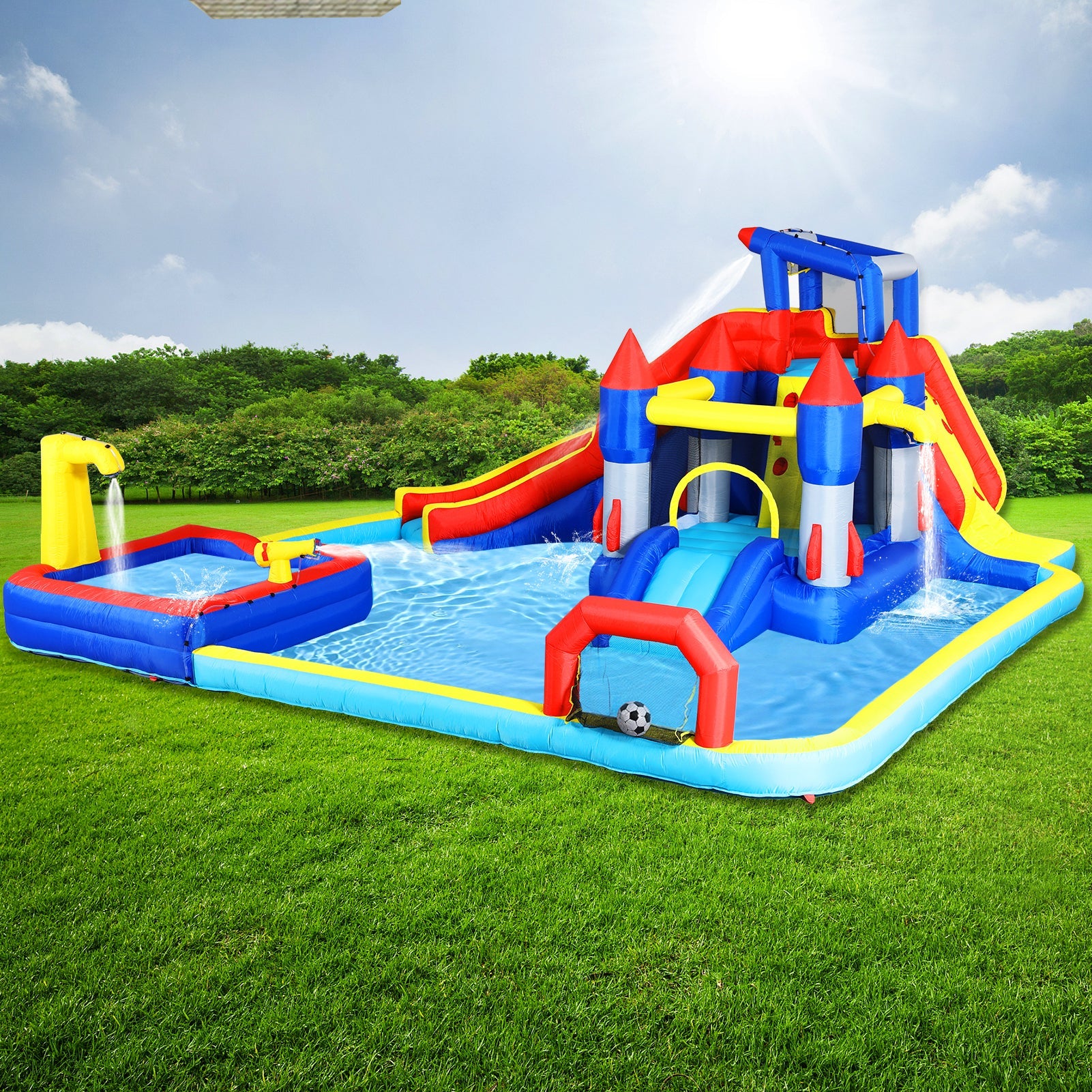 10 in1 Inflatable slide water park  bouncing house garden with splash pool & water gun & basketball & climbing wall & dual pools & soccer