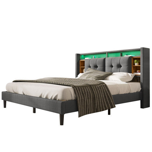 LuneluX_Home – Solid Wood Storage Bed with USB Charging Ports & LED