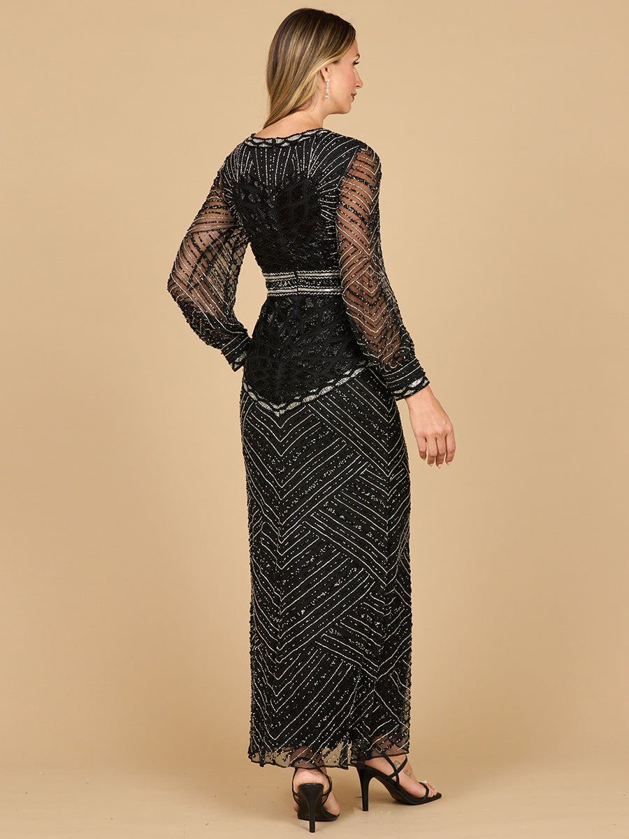 V Neck Beaded Long Sleeve Dress