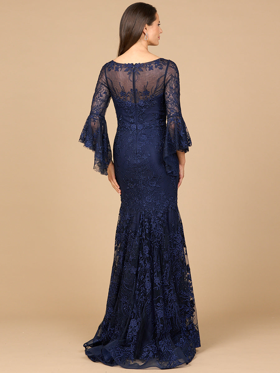 Illusion Neck, Long Bell Sleeve Gown