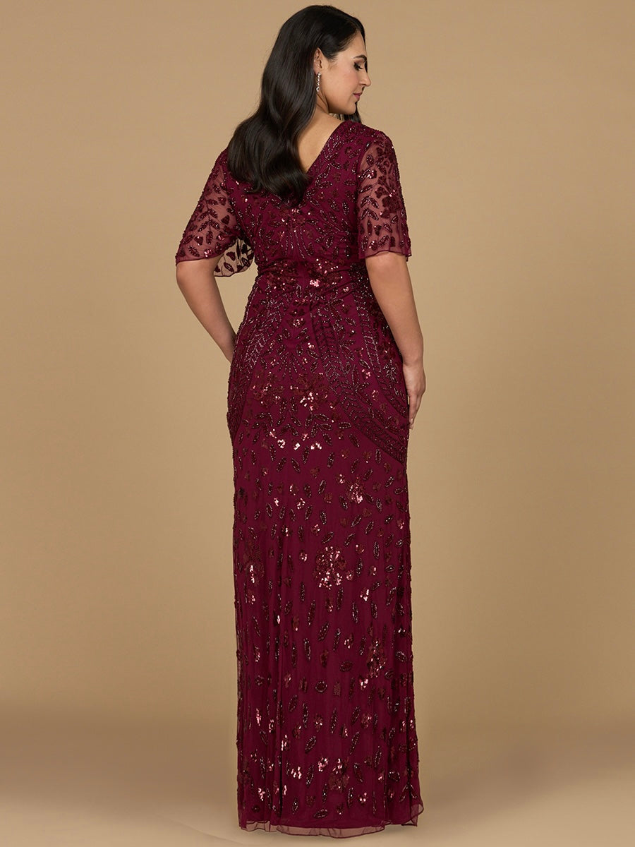 V-Neck, Cape Sleeve Beaded Gown