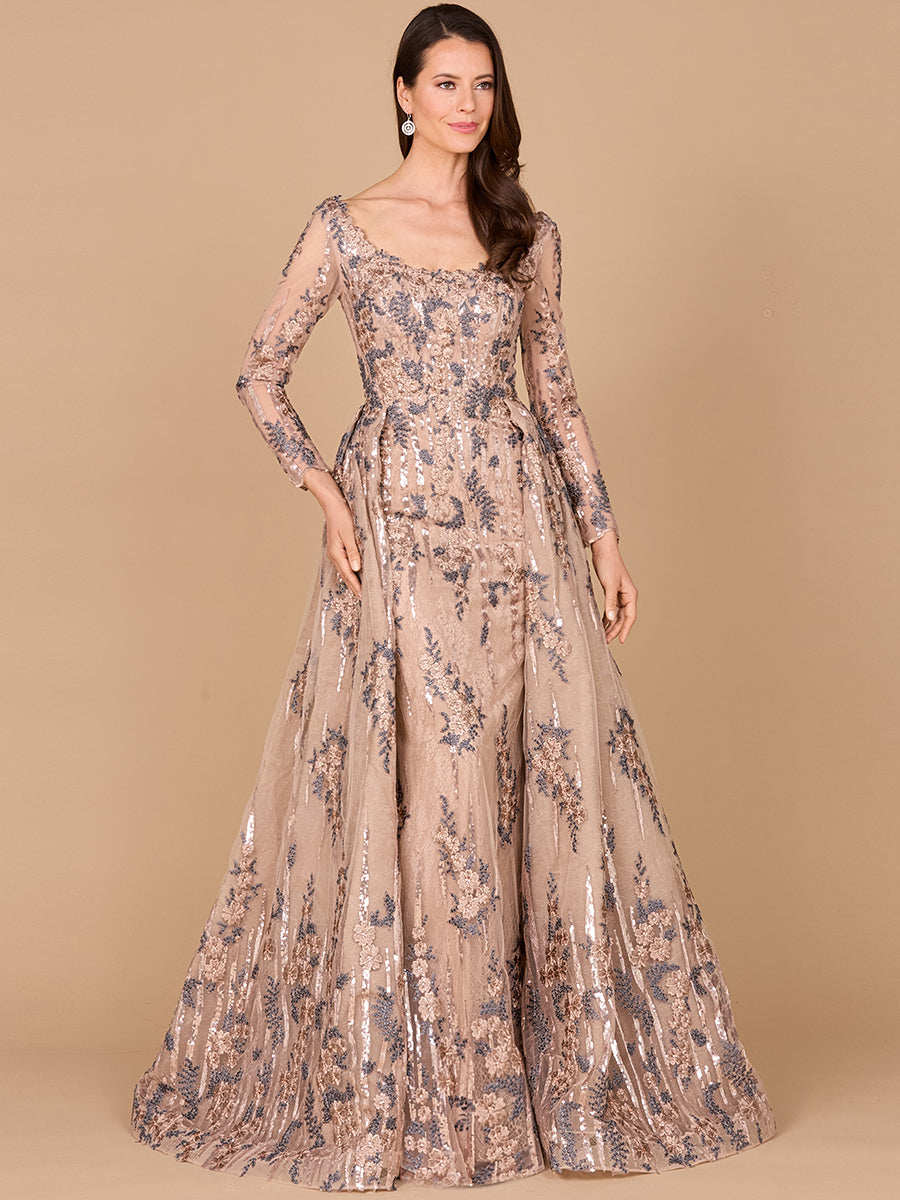 Long Sleeve Lace Gown with Overskirt
