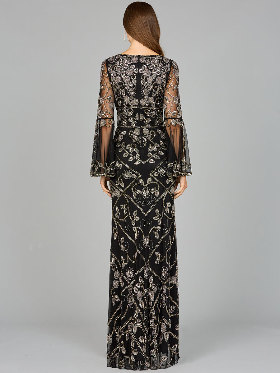 Bell Sleeved High Neck Beaded Gown