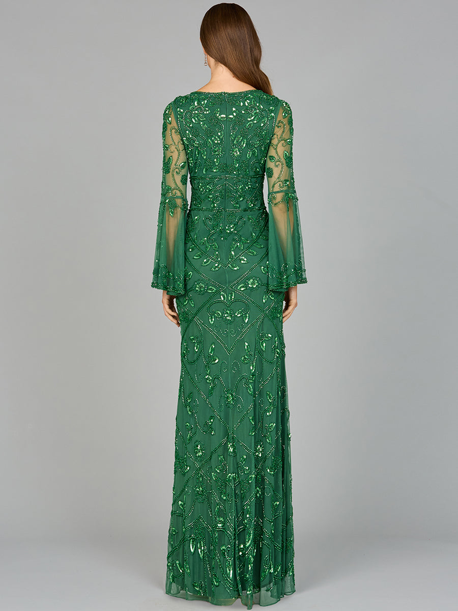 Bell Sleeved High Neck Beaded Gown