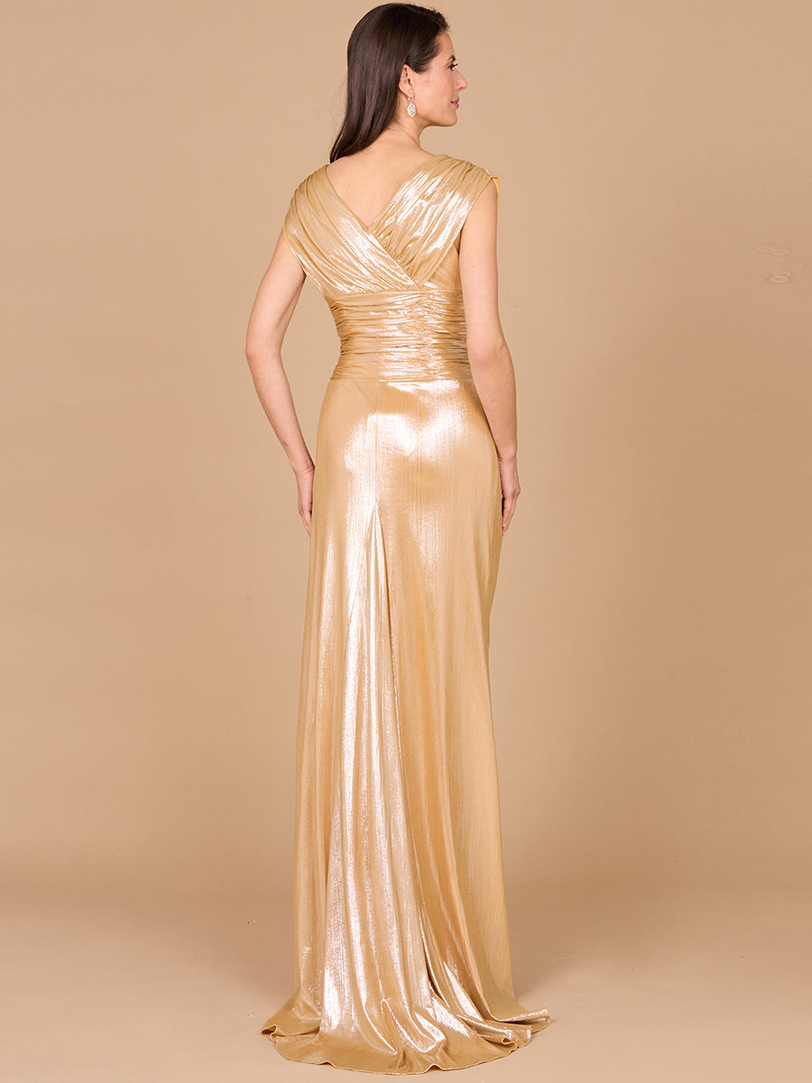 V-Neck Metallic Dress with Slit - OUTLET