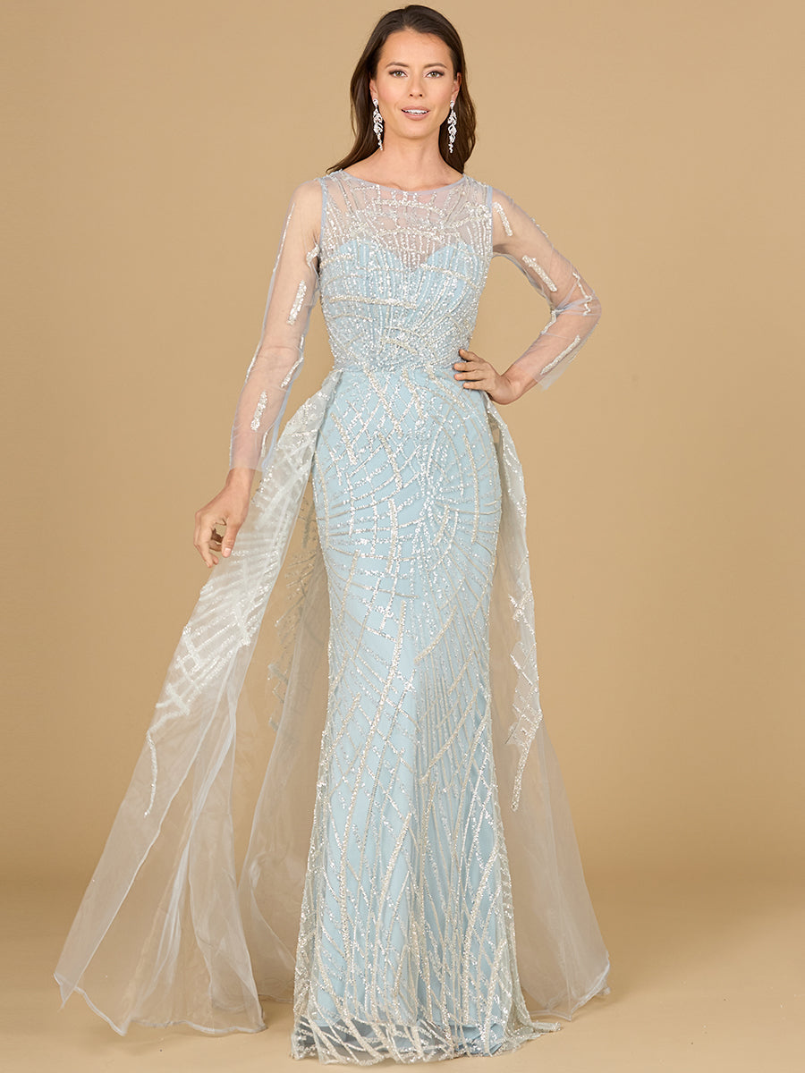 Long Sleeve Lace Gown with Tulle Overskirt