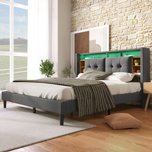 LuneluX_Home – Solid Wood Storage Bed with USB Charging Ports & LED
