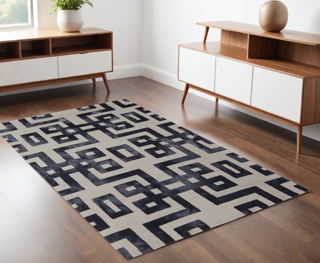 4' X 6' Ivory And Black Wool Geometric Hand Tufted Area Rug