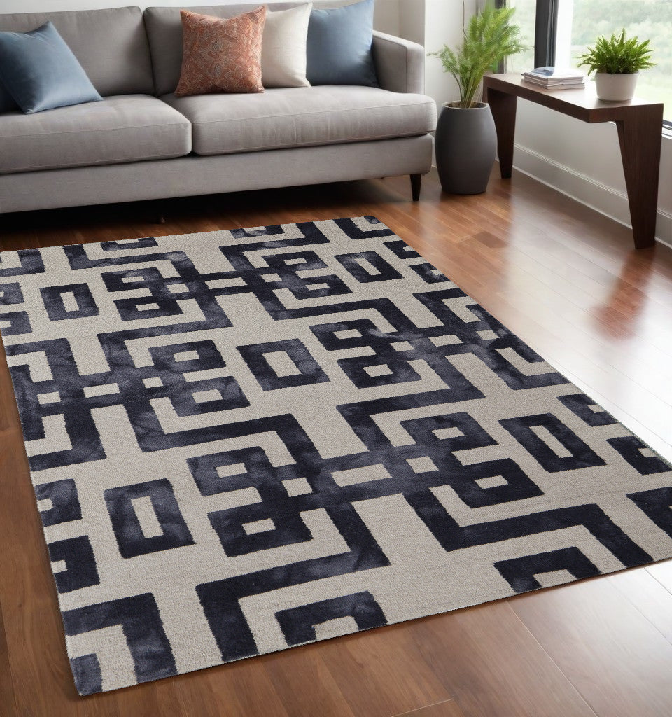 4' X 6' Ivory And Black Wool Geometric Hand Tufted Area Rug