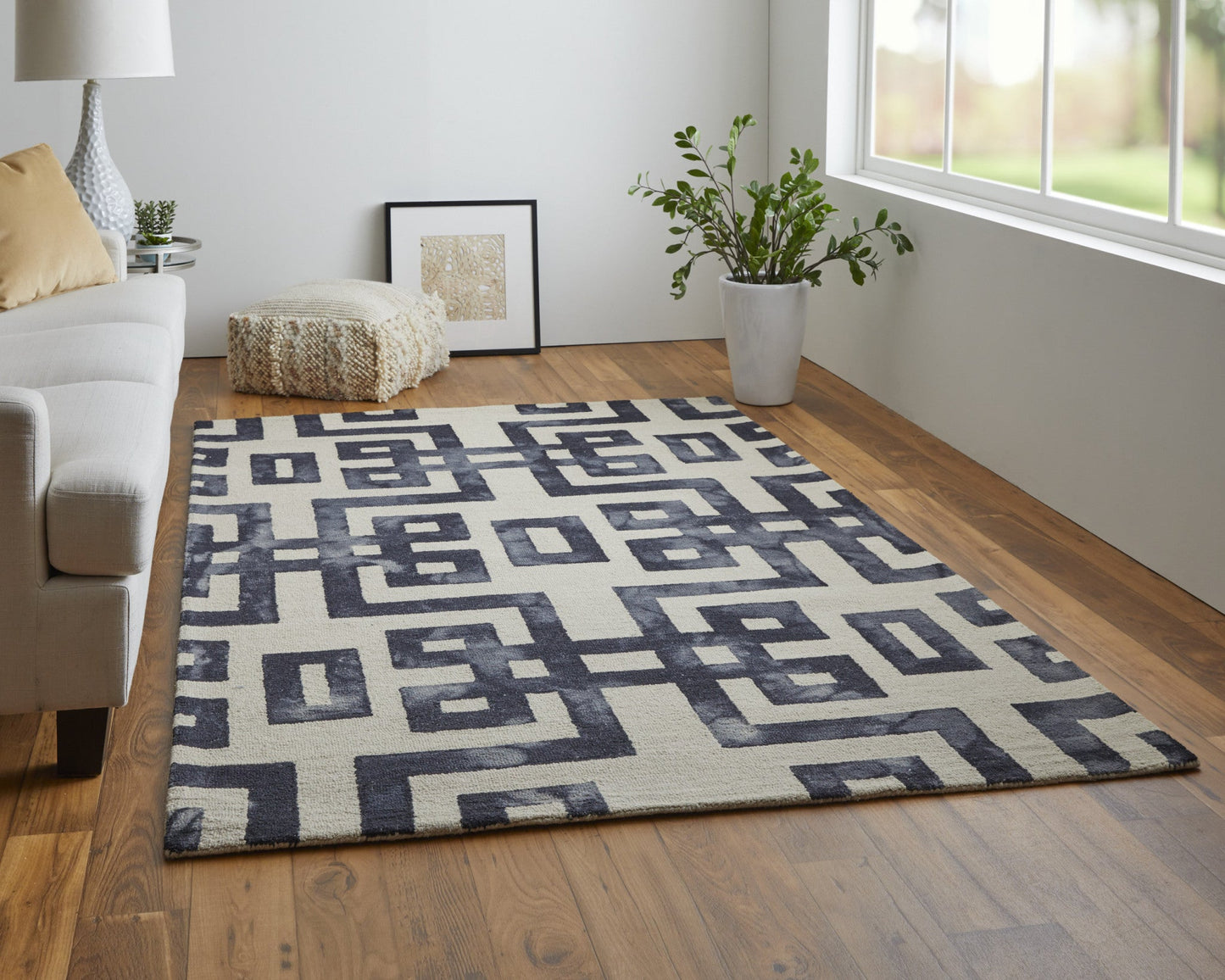 4' X 6' Ivory And Black Wool Geometric Hand Tufted Area Rug