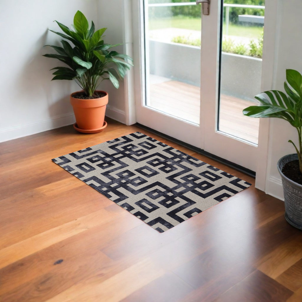 4' X 6' Ivory And Black Wool Geometric Hand Tufted Area Rug