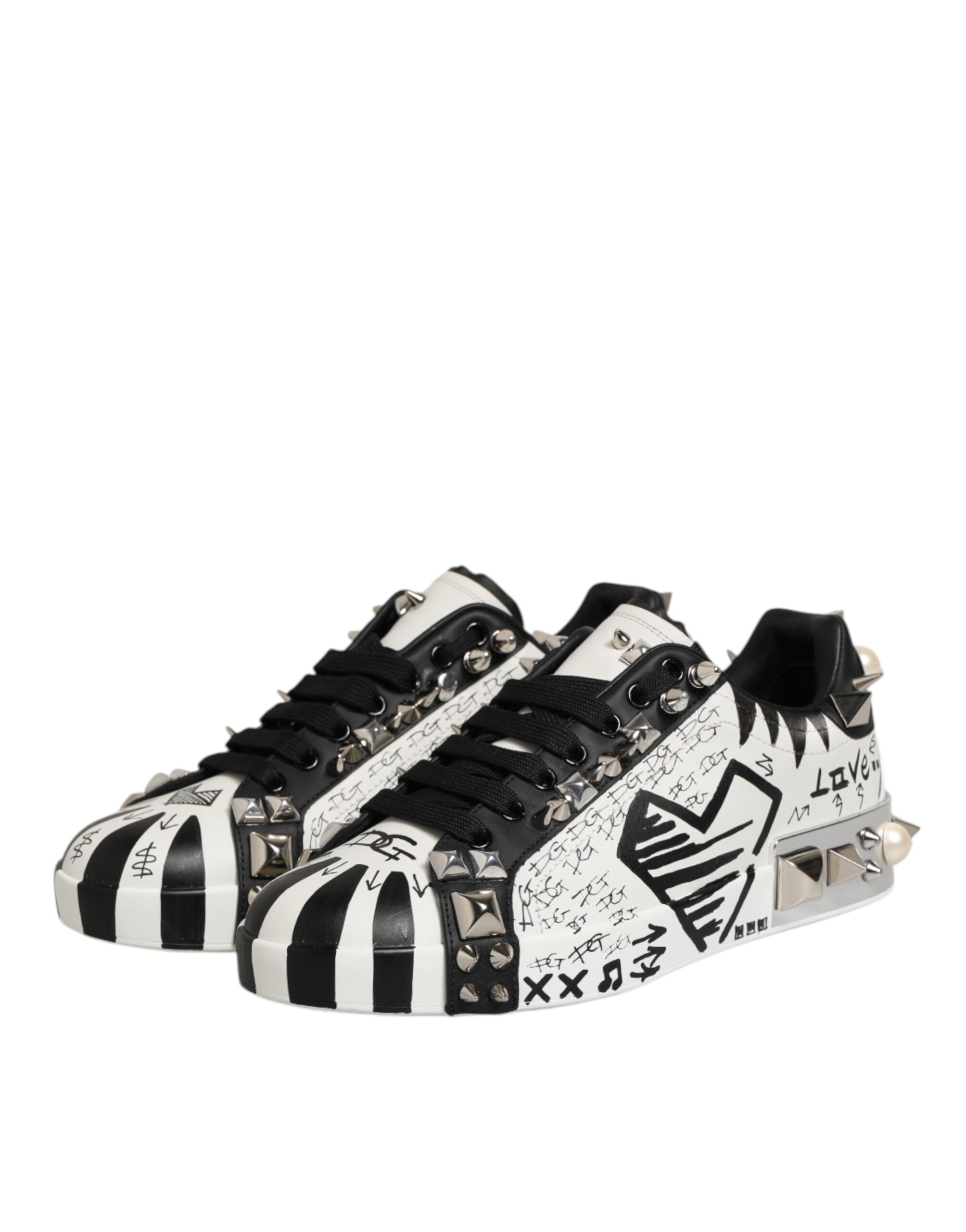 Dolce & Gabbana Black White Studded Low Top Sneakers Shoes
