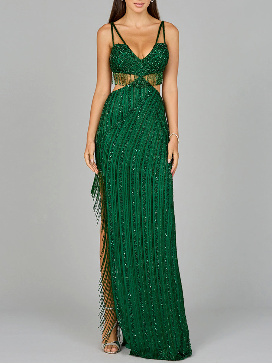 Cutout Beaded Gown with Fringes