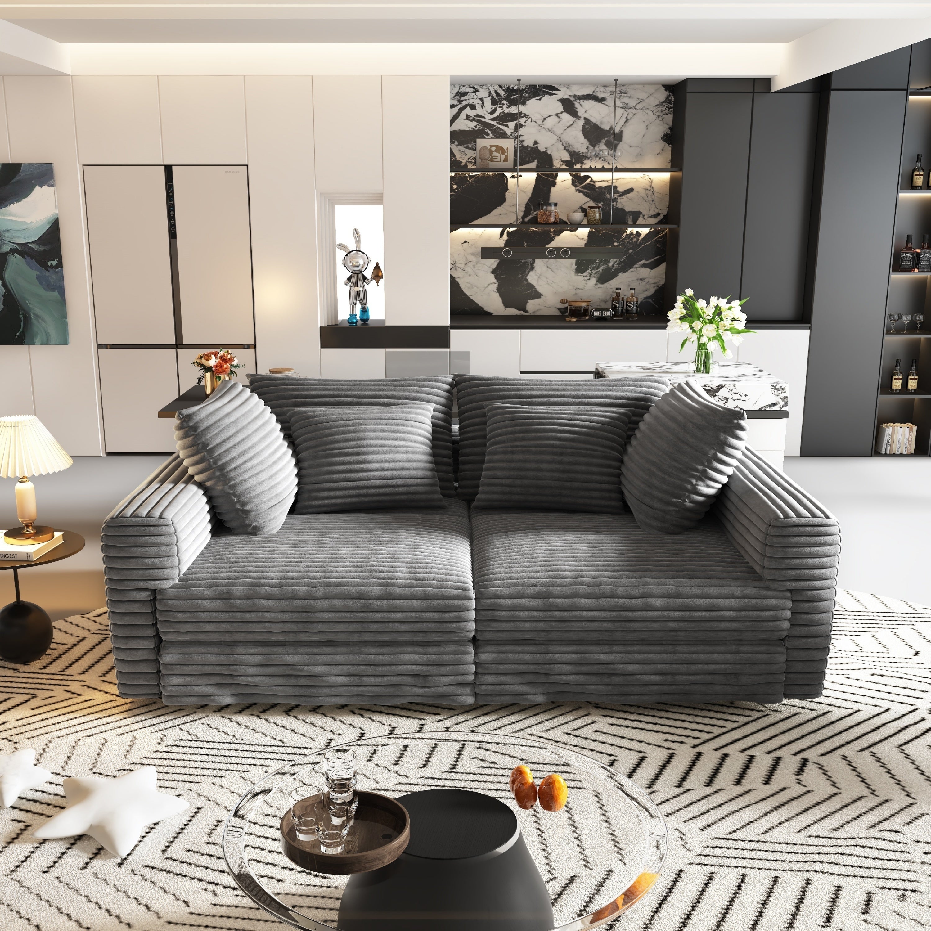 102.4 'Plush Corduroy 4-Seat Sofa,Modern Comfy Upholstered Sofa Cloud Couch,Deep Seat Couches with Soft Pillows and Movable Ottoman,Convertible Sofa Lounge Chair,for Living Room,Apartment,Office,Grey