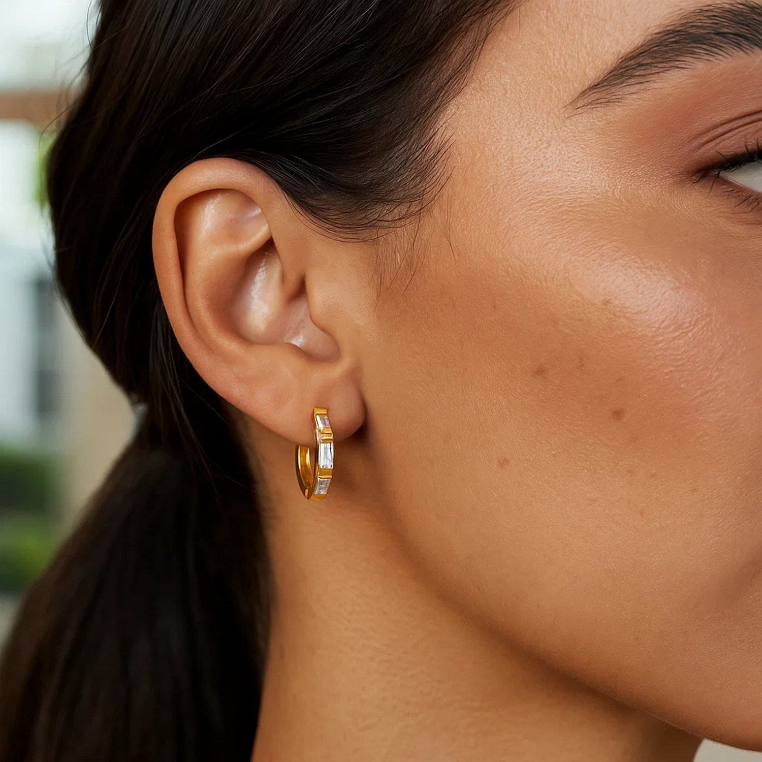 14k Yellow Gold Petite Octagonal Hoop Earrings with Cubic Zirconias