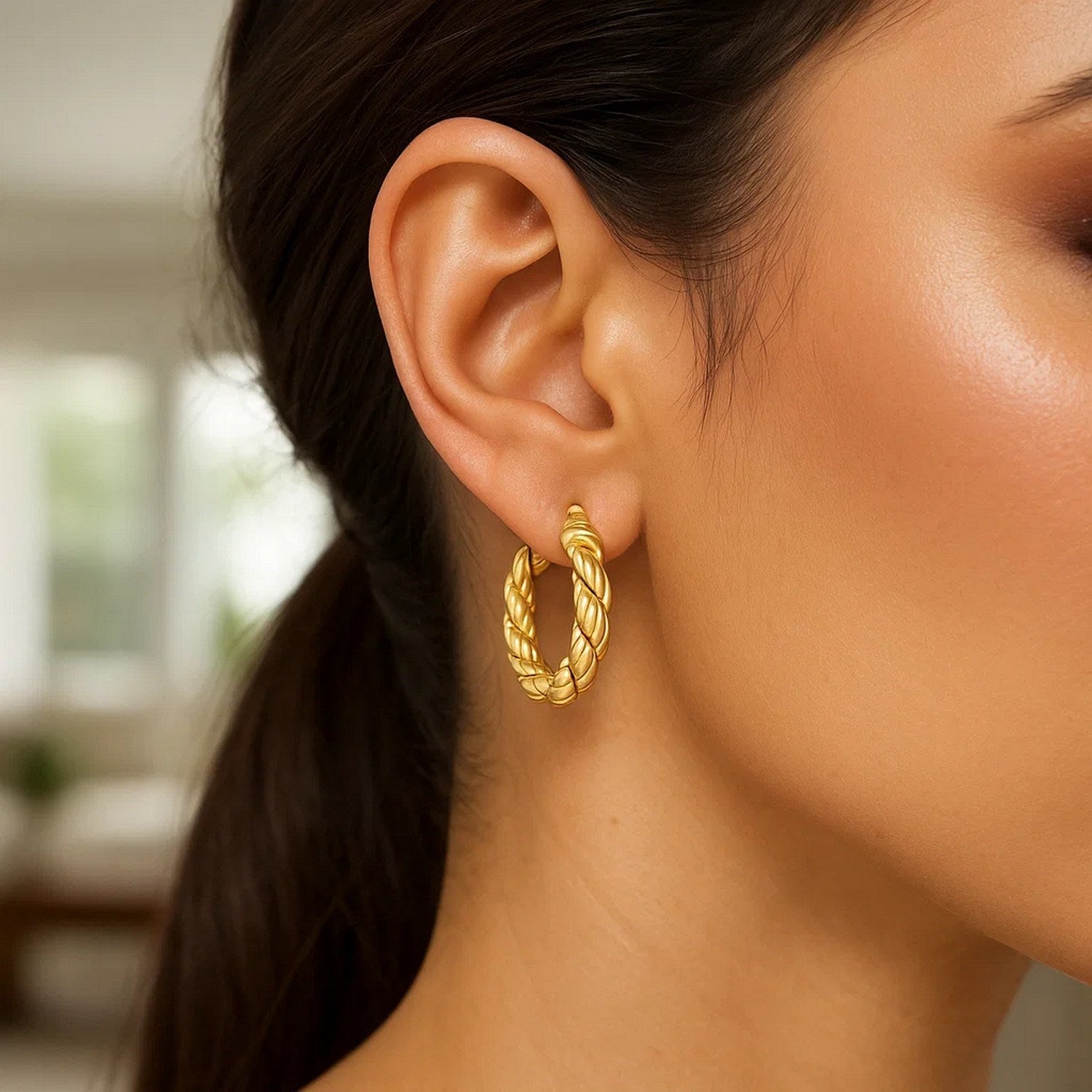 14k Yellow Gold Rope Hoop Earrings