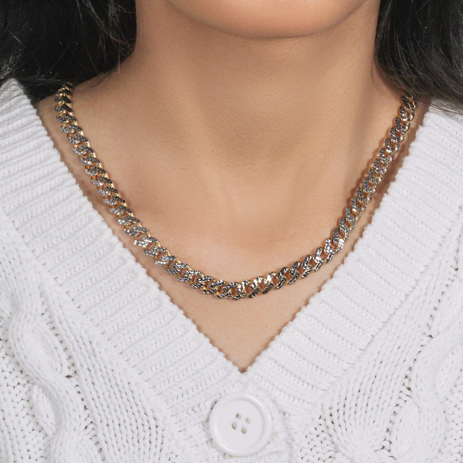 14k Yellow Gold White Pave High Polish Modern Lite Miami Cuban Chain (8.00 mm)