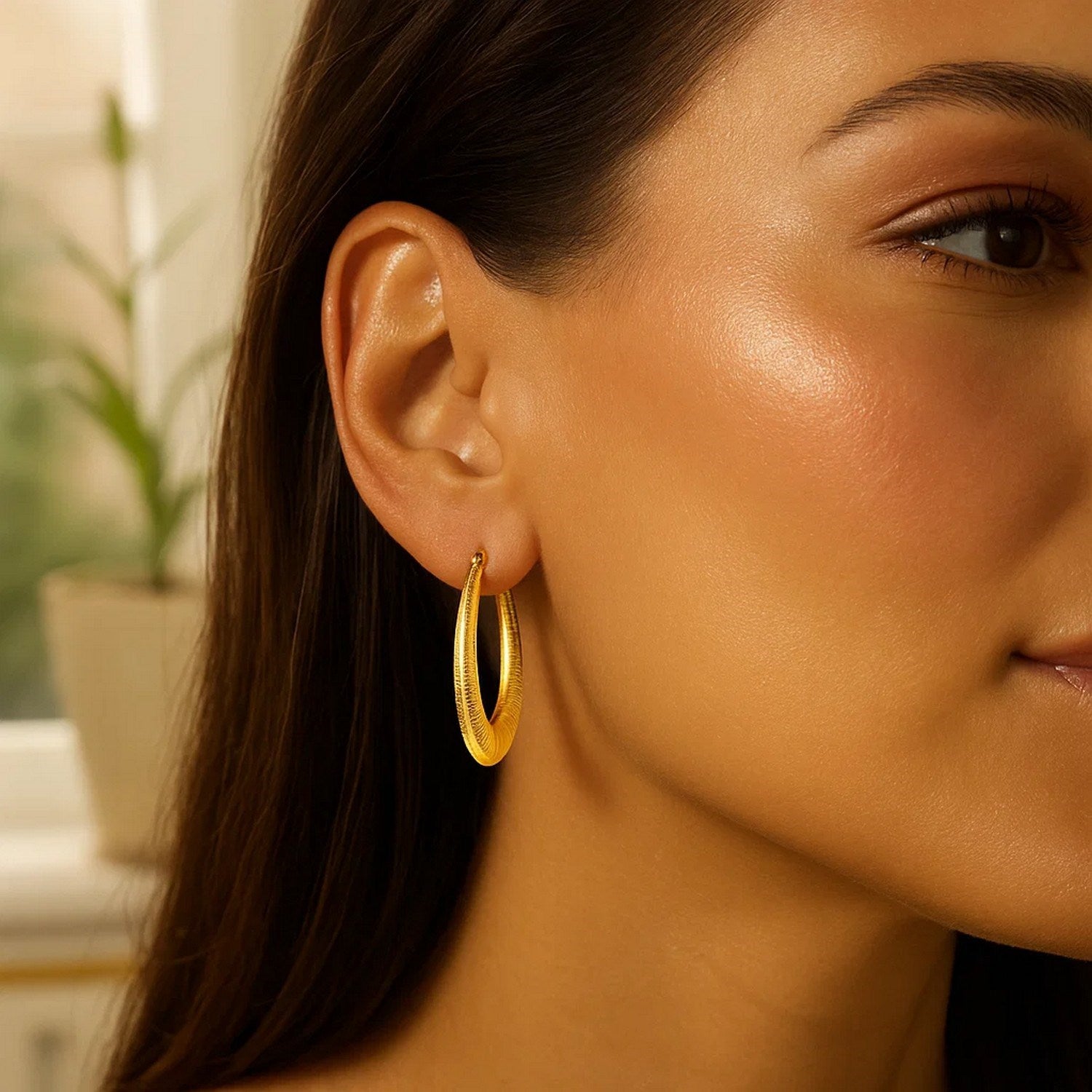 14k Yellow Gold Hoop Earrings in a Graduated Texture Style