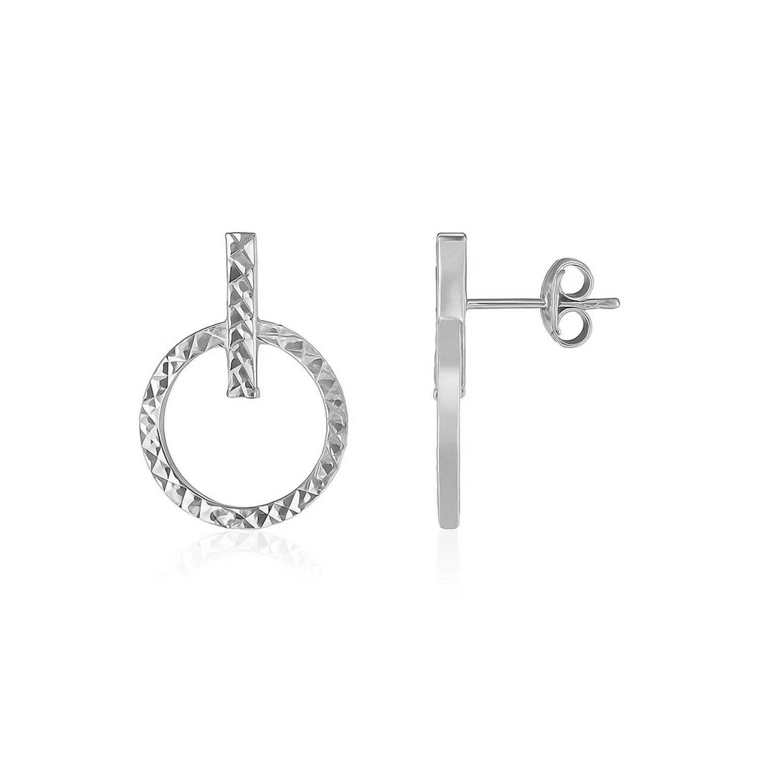 14k White Gold Textured Circle and Bar Post Earrings