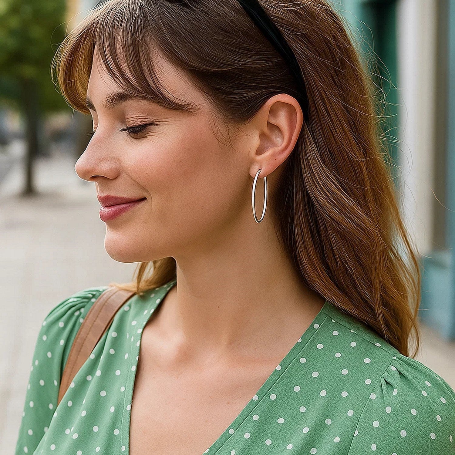 14k White Gold Slim Oval Shape Hoop Earrings