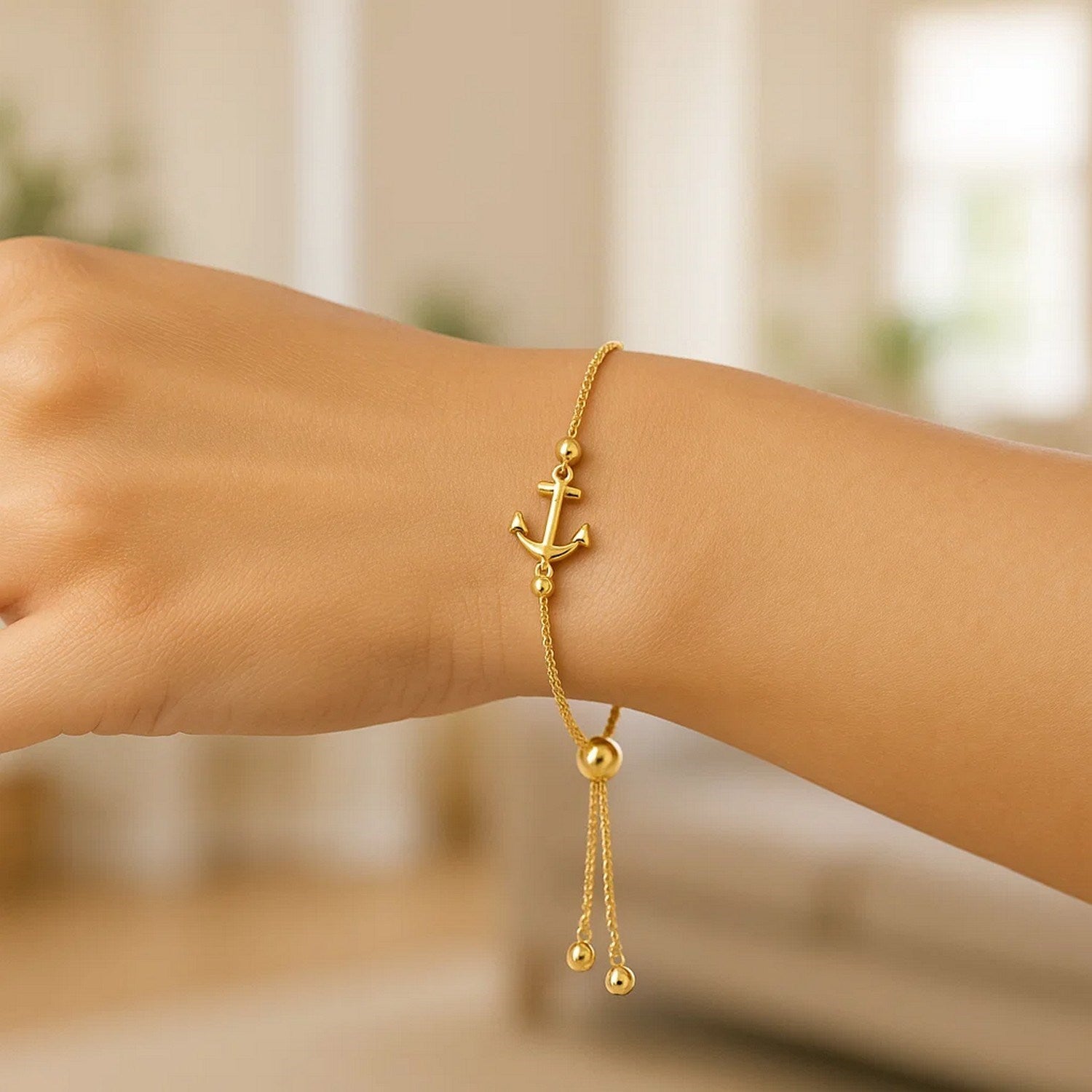 14k Yellow Gold Anchor Design Adjustable Lariat Bracelet