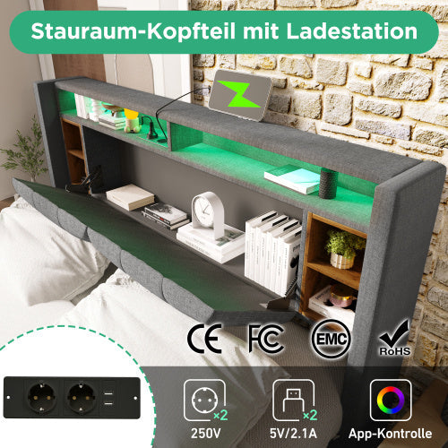 LuneluX_Home – Solid Wood Storage Bed with USB Charging Ports & LED