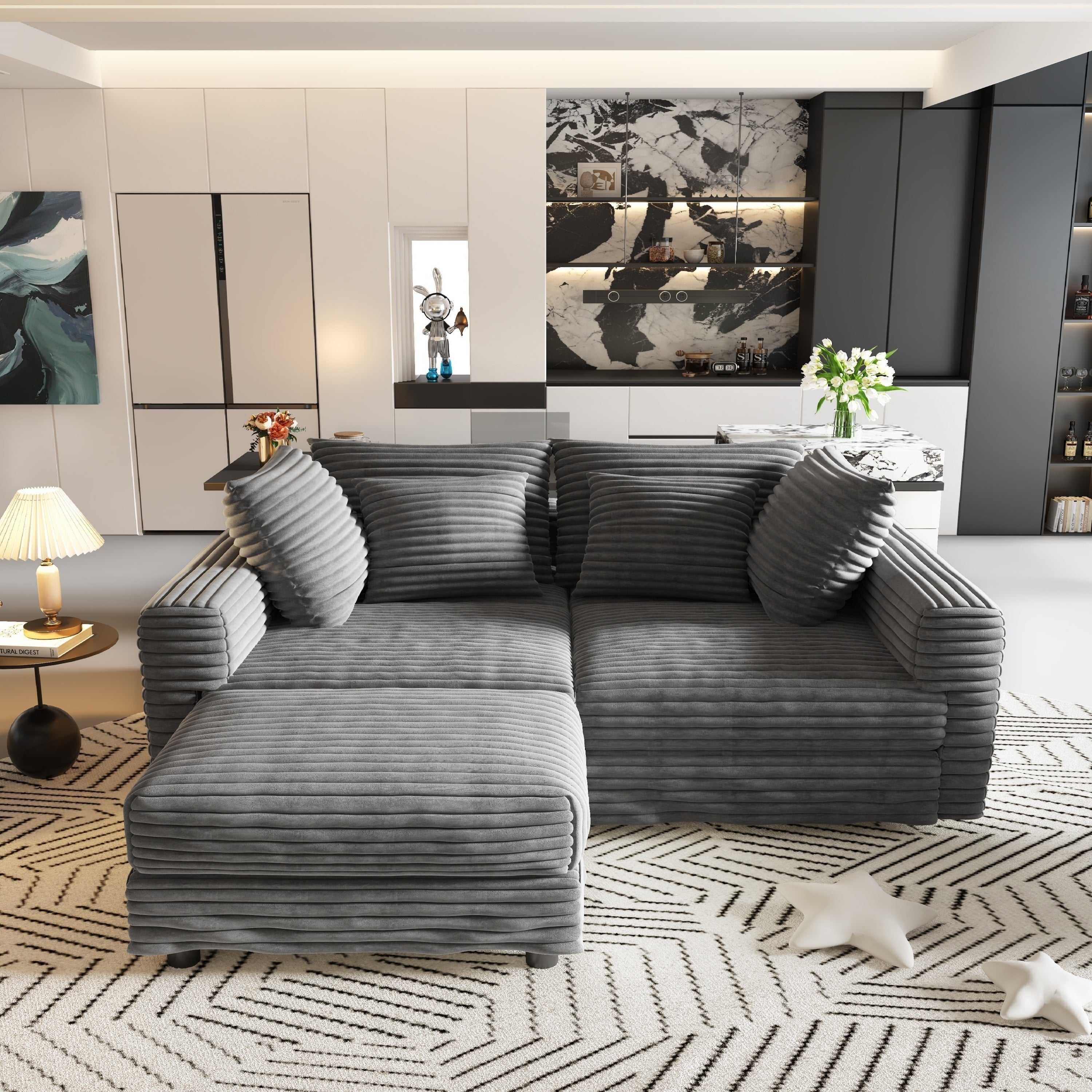 102.4 'Plush Corduroy 4-Seat Sofa,Modern Comfy Upholstered Sofa Cloud Couch,Deep Seat Couches with Soft Pillows and Movable Ottoman,Convertible Sofa Lounge Chair,for Living Room,Apartment,Office,Grey