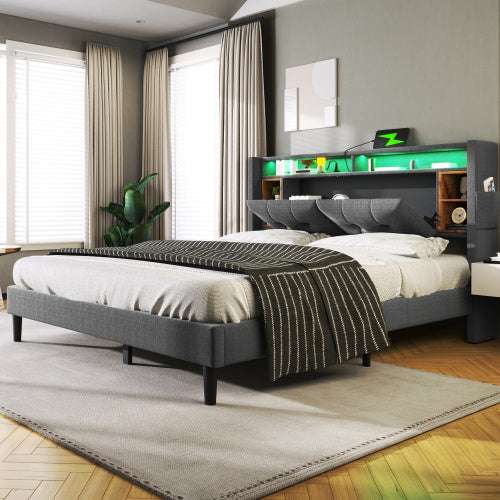 LuneluX_Home – Solid Wood Storage Bed with USB Charging Ports & LED