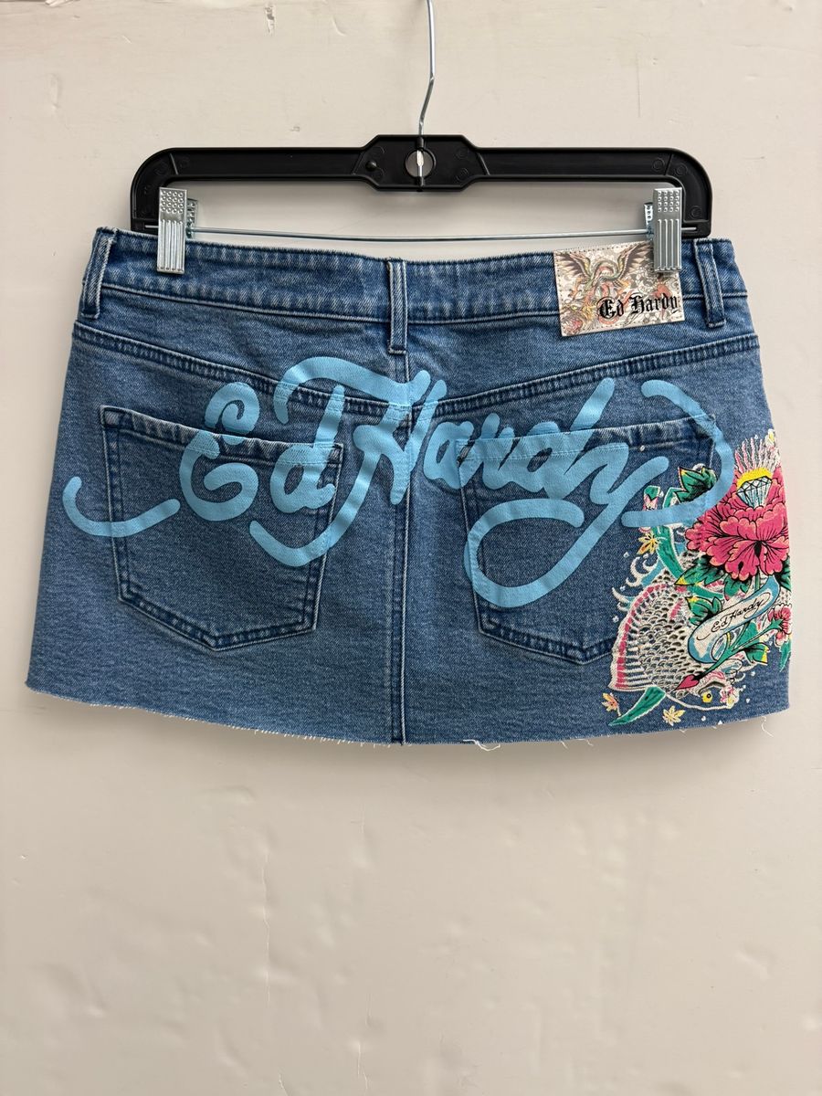 Ed Hardy Diamond Flower Denim Mini Skirt