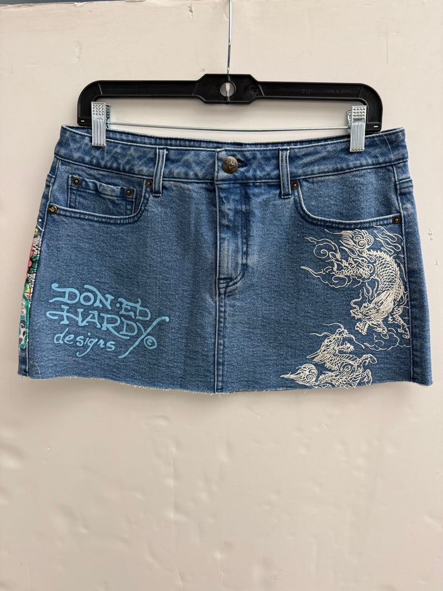 Ed Hardy Diamond Flower Denim Mini Skirt