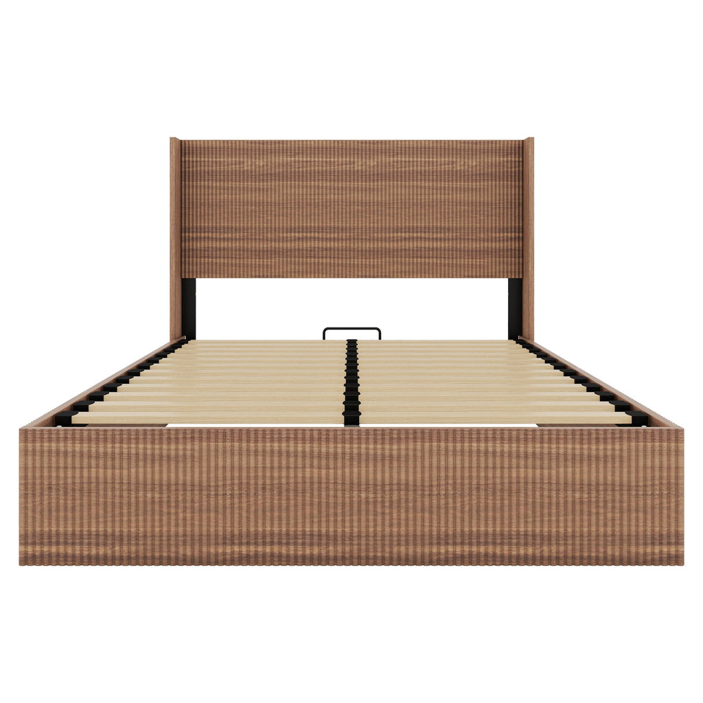 Large grooved undulating lift storage bed frame, wooden platform bed frame with lift storage, no spring box required/no noise, rustic brown slatted natural wood(
Queen)