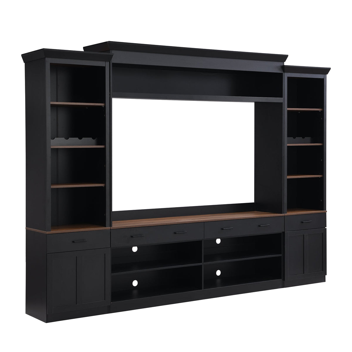 ON-TREND Farmhouse 4-Piece Entertainment Wall Unit Set with Bookshelf for TVs Up to 70', Walnut TV Stand with Adjustable Shelves, Mid-Century Large Media Console with Wine Rack for Living Room, Black
