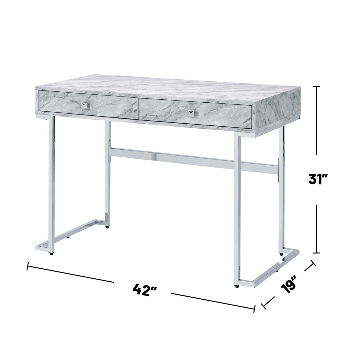 Rectangular Writing Desk with 2 Drawers, White Engineered Stone Top and Chrome