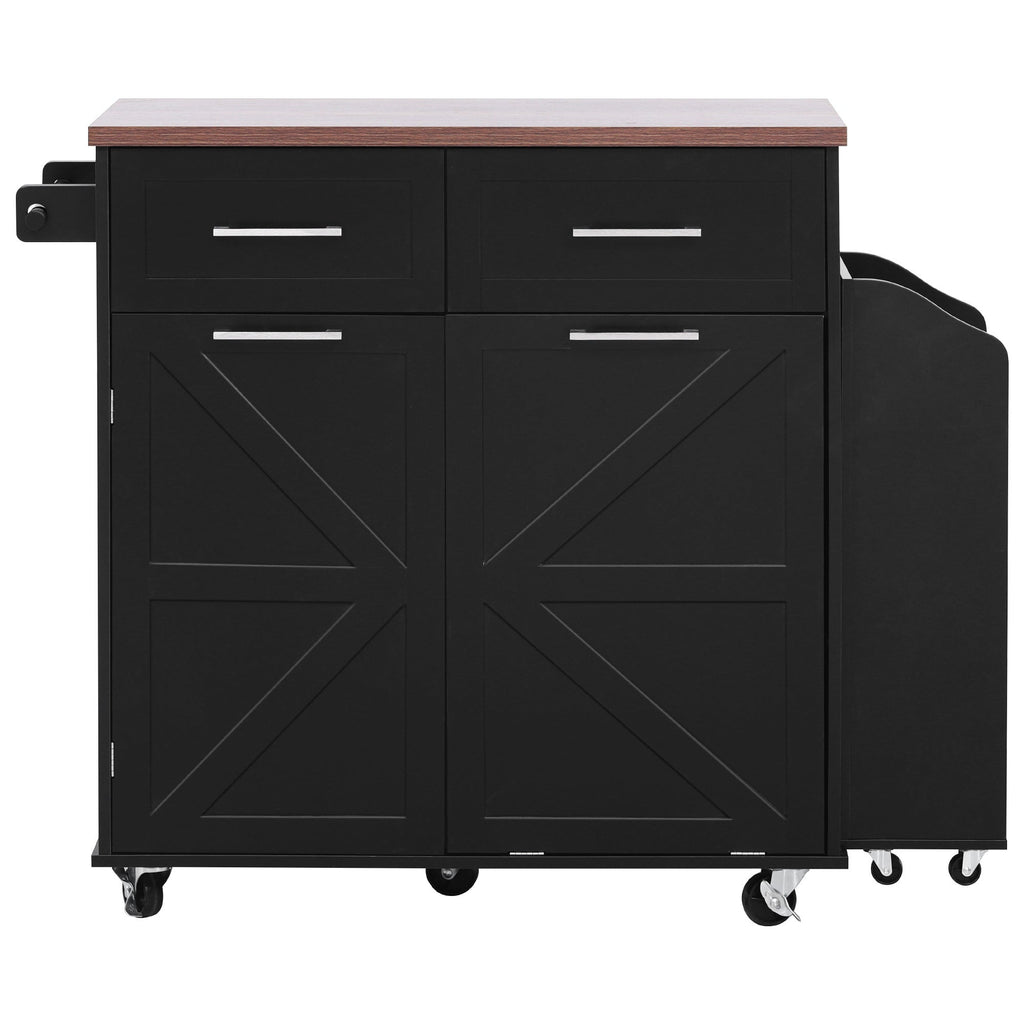 K&K 47.2' Farmhouse Kitchen Island with Drop Leaf, Kitchen Storage Island with Removable Side Racks, Two Drawers, Rolling Kitchen Cart on Wheels with Towel Rack, for Home, Kitchen, Dining Room, Black