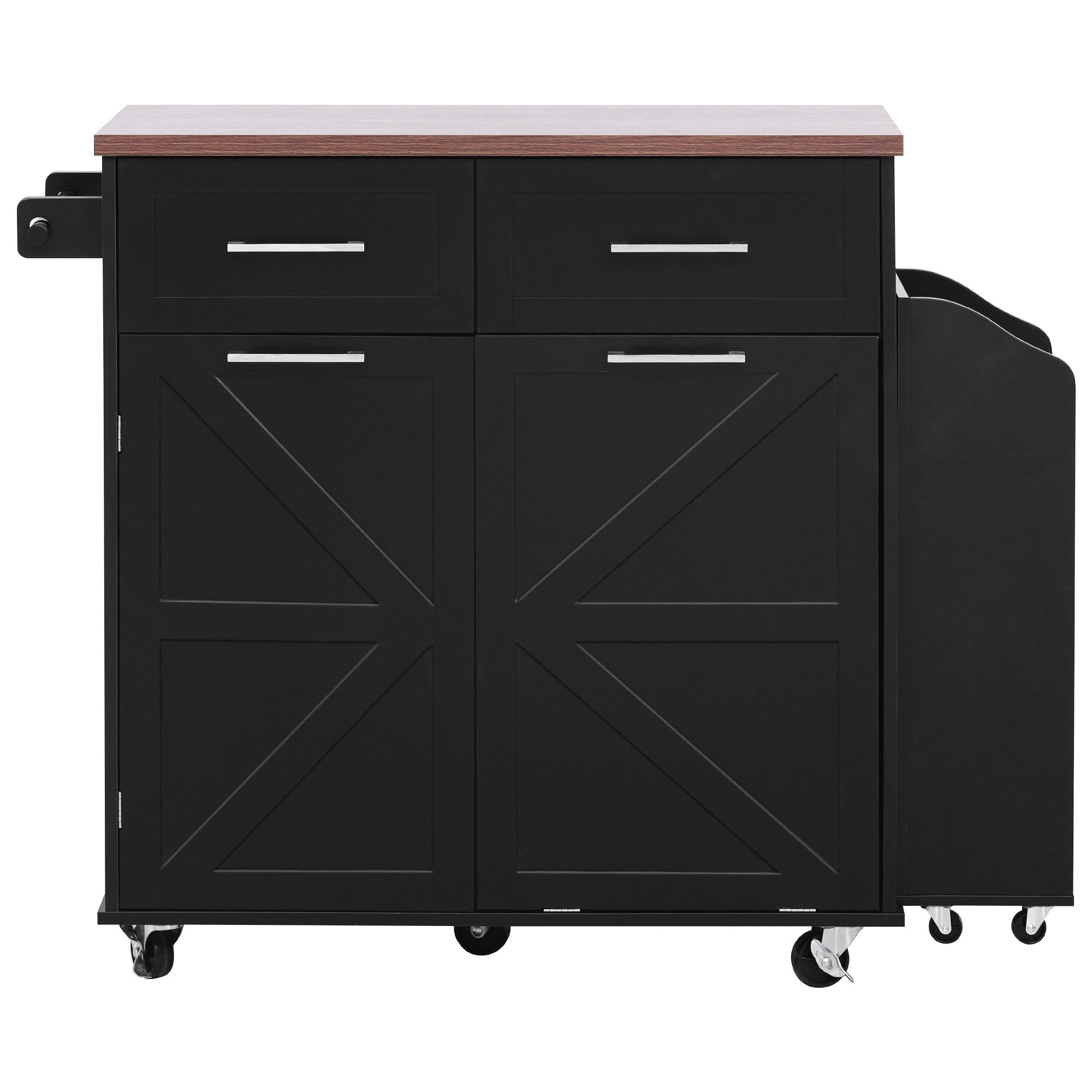 K&K 47.2' Farmhouse Kitchen Island with Drop Leaf, Kitchen Storage Island with Removable Side Racks, Two Drawers, Rolling Kitchen Cart on Wheels with Towel Rack, for Home, Kitchen, Dining Room, Black