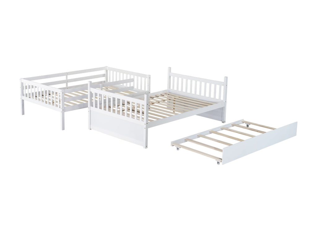 Full Over Full Rubber Wood Bunk Bed with Trundle, Ladder and Guardrails, Convertible to 2 Full Size Beds, with Twin Size Trundle,White