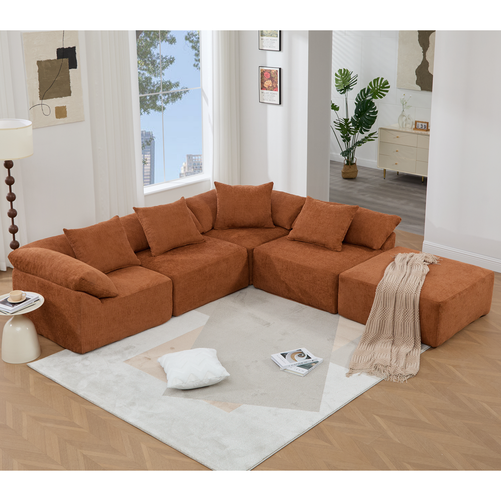 142' L Shaped Modular Sectional Sofa,No Assembly,5 Piece Couch, Convertible Sleeper Couch,Full-Compressed Couch,Free-Combined Couches,5 Seat & Ottoman,Chenille,Orange