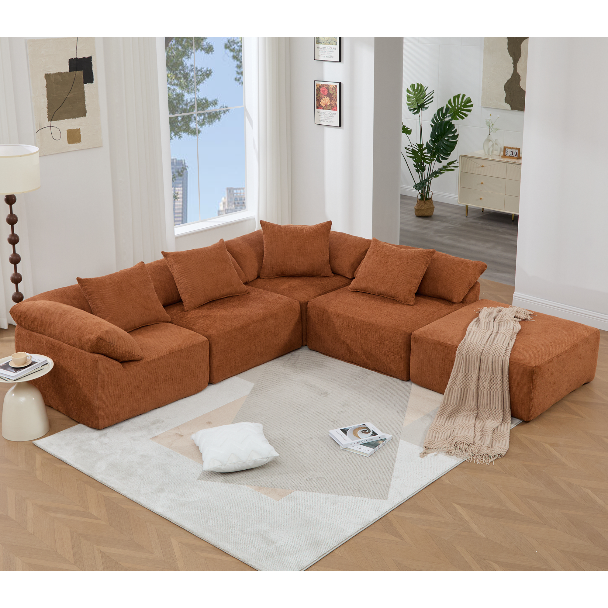 142' L Shaped Modular Sectional Sofa,No Assembly,5 Piece Couch, Convertible Sleeper Couch,Full-Compressed Couch,Free-Combined Couches,5 Seat & Ottoman,Chenille,Orange