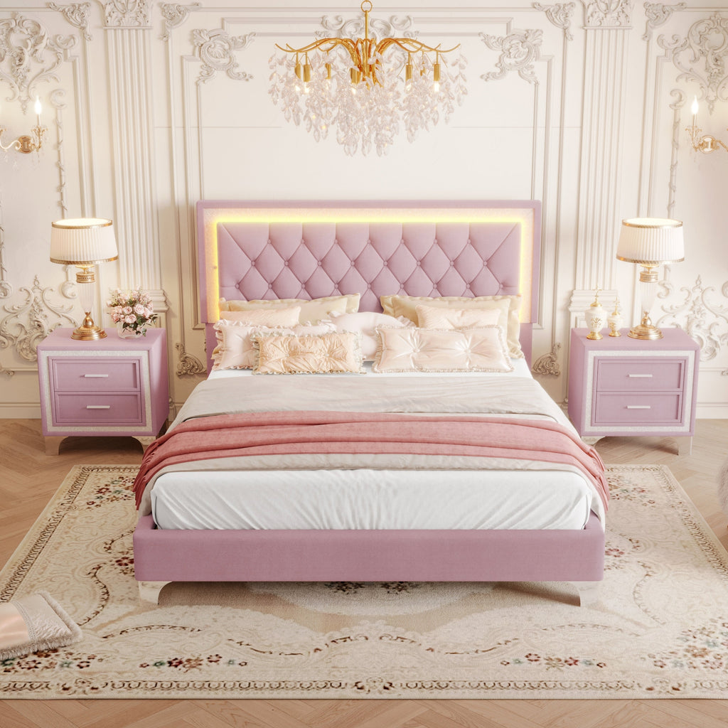 3-Pieces Bedroom Sets,Queen Size Upholstered Platform Bed with LED Lights and Two Nightstands-Pink