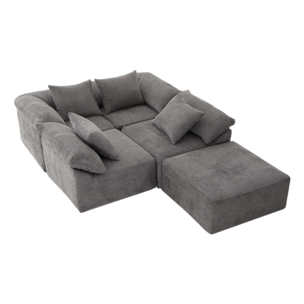 142' L Shaped Modular Sectional Sofa,No Assembly,5 Piece Couch, Convertible Sleeper Couch,Full-Compressed Couch,Free-Combined Couches,5 Seat & Ottoman,Chenille,Gray