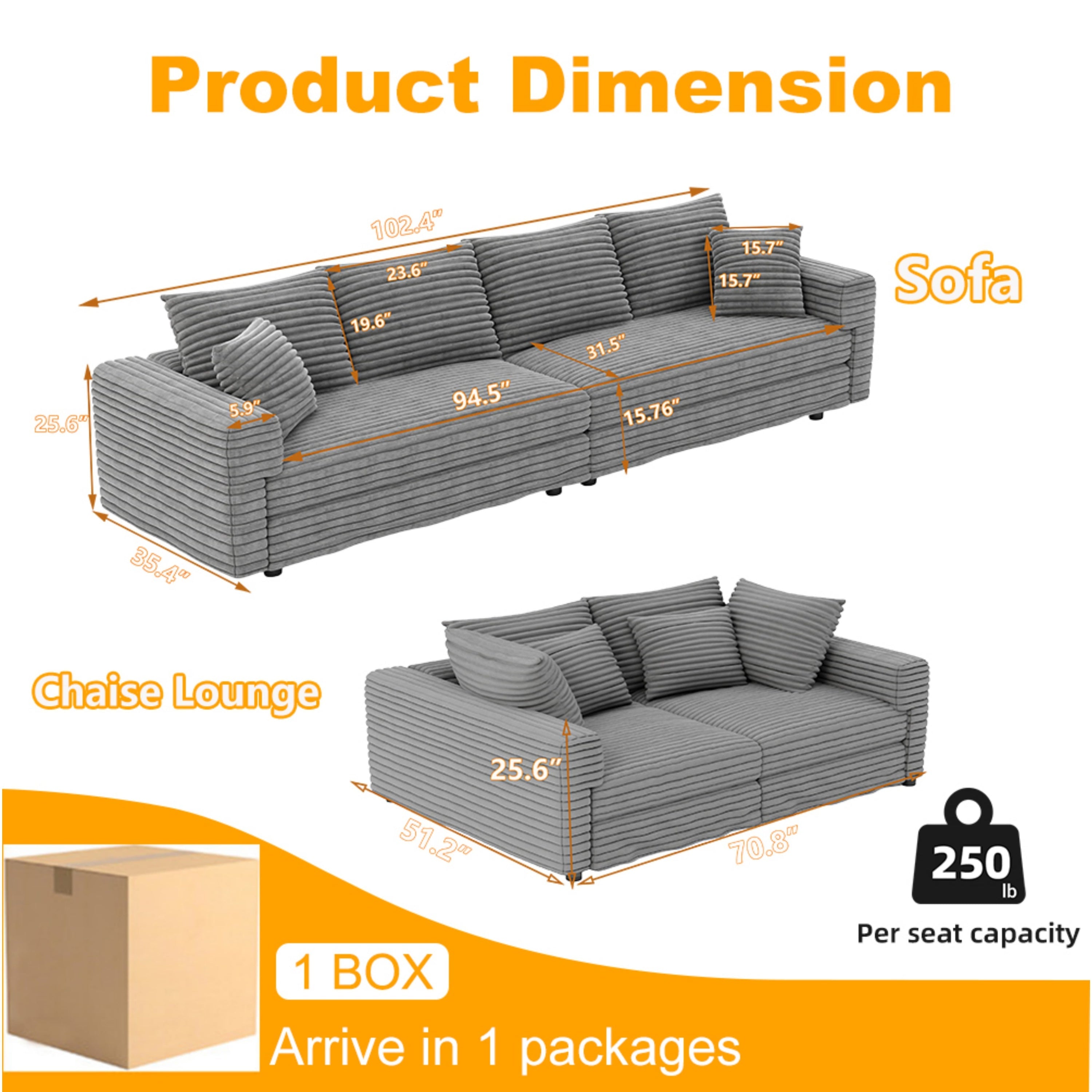 102.4 'Plush Corduroy 4-Seat Sofa,Modern Comfy Upholstered Sofa Cloud Couch,Deep Seat Couches with Soft Pillows and Movable Ottoman,Convertible Sofa Lounge Chair,for Living Room,Apartment,Office,Grey