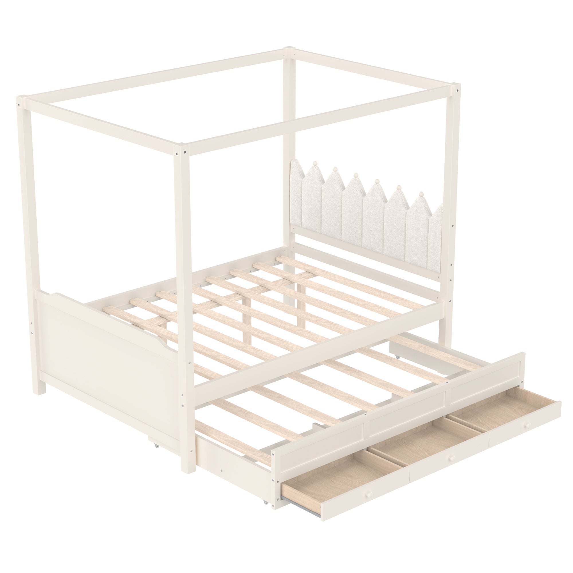Full Platform Bed with Upholstered Headboard,Twin Size Trundle and 3 Drawers,Princess Canopy Bed Frame for Kids,Storage & Easy Assembly,Beige.