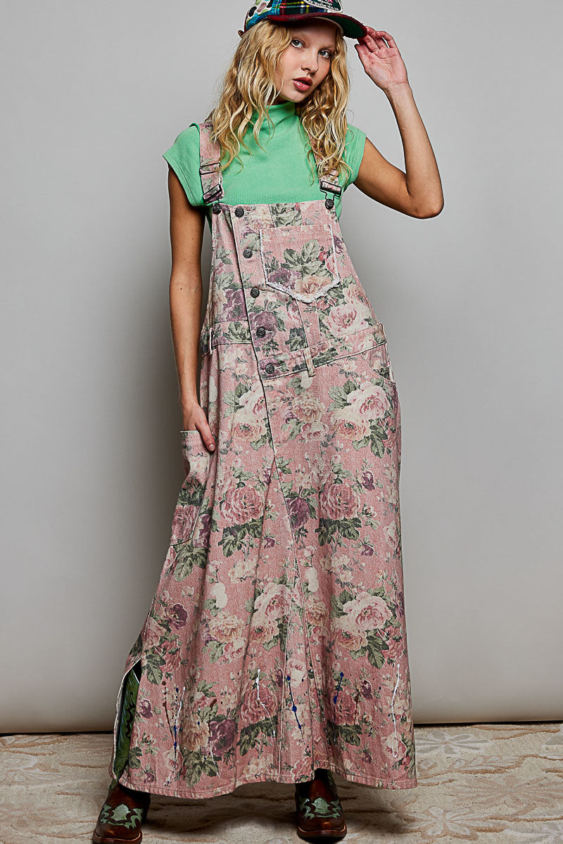 POL Pink Floral Overalls Maxi Long Dress