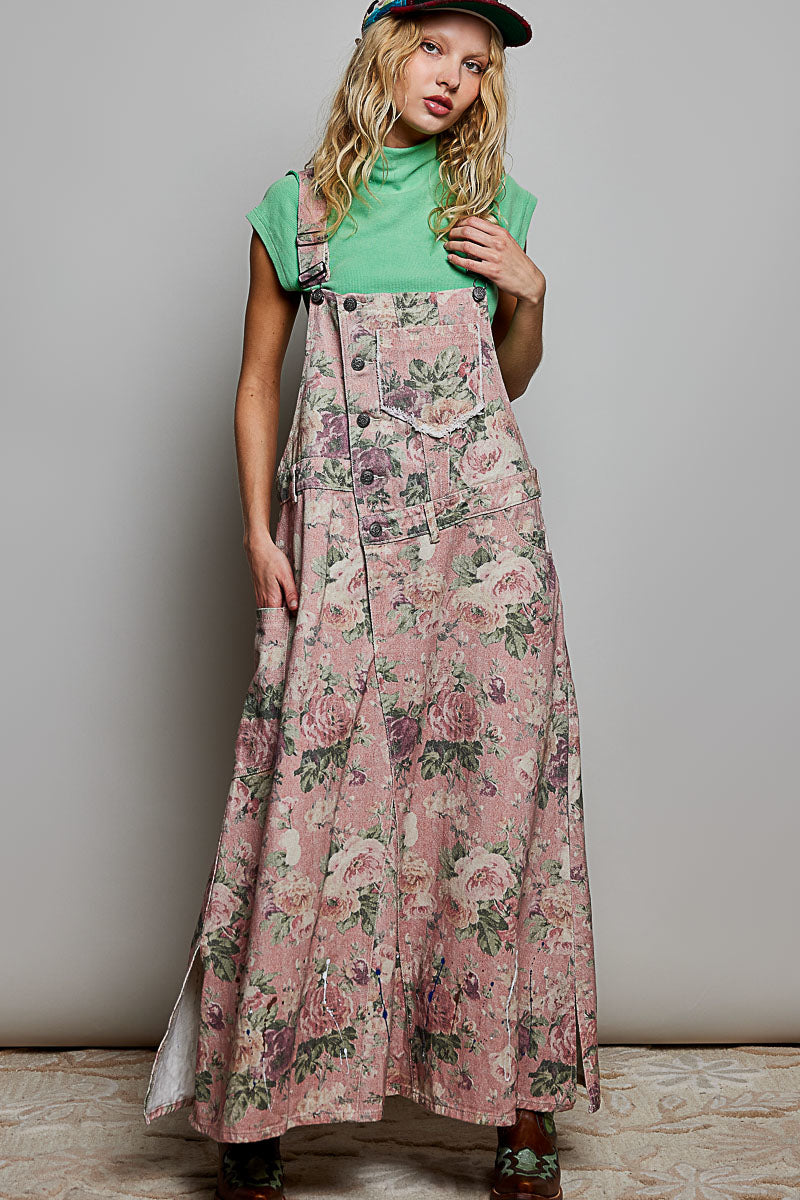 POL Pink Floral Overalls Maxi Long Dress