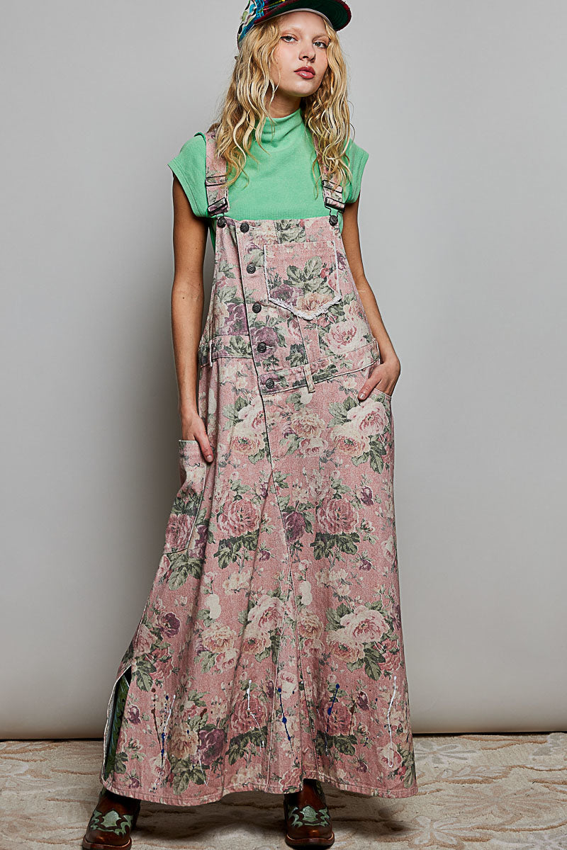 POL Pink Floral Overalls Maxi Long Dress