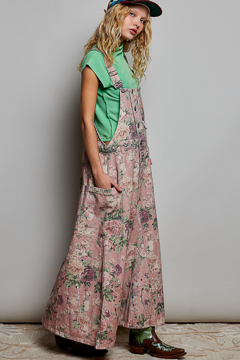 POL Pink Floral Overalls Maxi Long Dress
