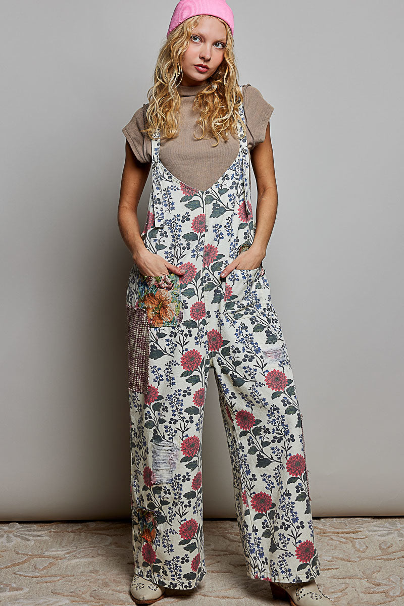 POL Natural Floral Overalls