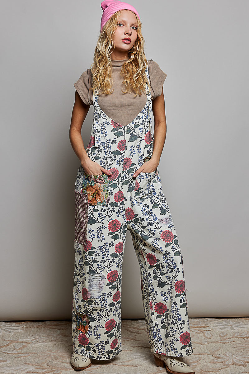 POL Natural Floral Overalls