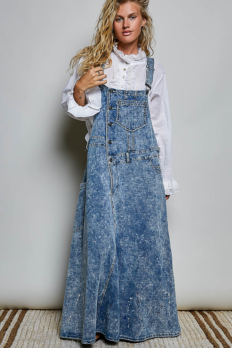 POL Denim Overalls Maxi Long Dress