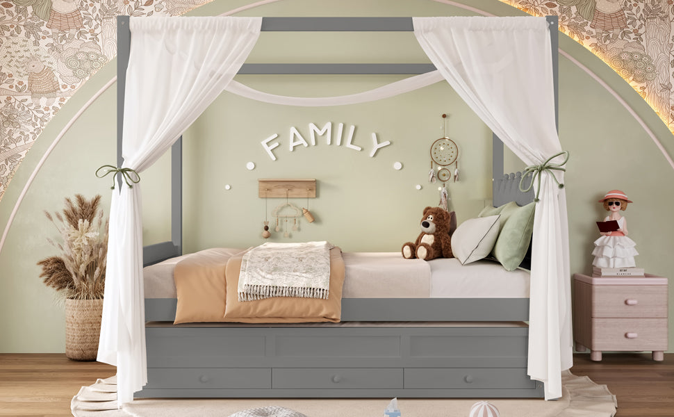 Full Platform Bed with Upholstered Headboard,Twin Size Trundle and 3 Drawers,Princess Canopy Bed Frame for Kids,Storage & Easy Assembly,Gray.